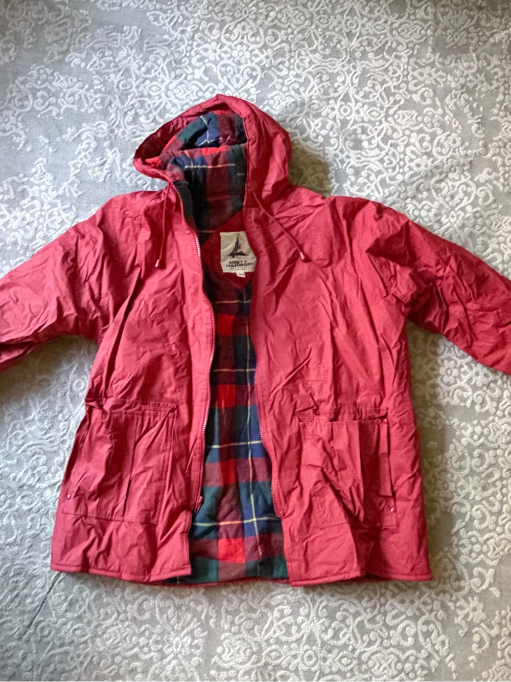 Unisex Red Hooded Rain Coat with Plaid Lining